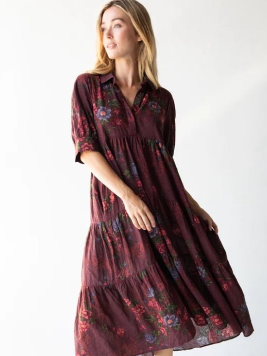 NATURAL LIFE Dresses & Skirts - Natural Life Rebecca Burgundy Floral Tiered Boho Maxi Dress Size Small